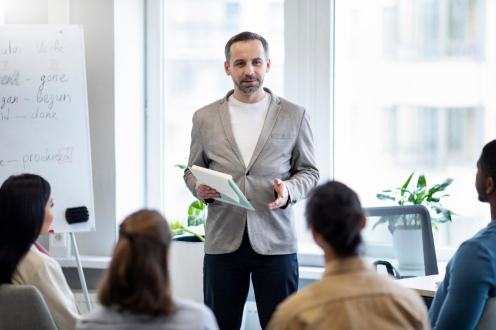 Group of professionals collaborating on financial analysis project